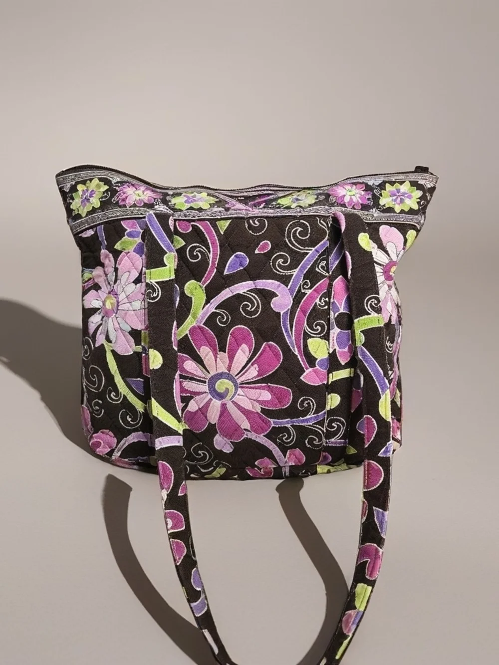 Vera Bradley Retired Floral Design Quilted Tote in Brown Punch & Green
